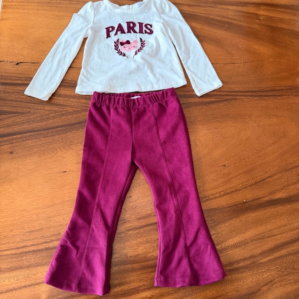 Btween Paris Graphic White Long Sleeve Top with Burgundy Flares 2T